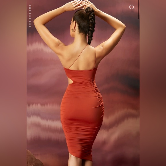 Ruched Asymmetric Midi Dress in Rust - Picture 5 of 7